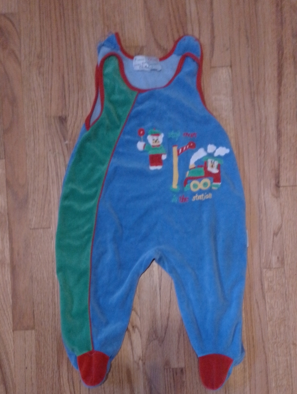 Vintage Blue & Green Train Appliqué Embodery Patch Footed One-Piece